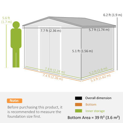 Outsunny 7.7 X 5.7ft Metal Garden Shed, Galvanised Outdoor Tool Storage House With Ventilation Slots And Sliding Doors, Grey